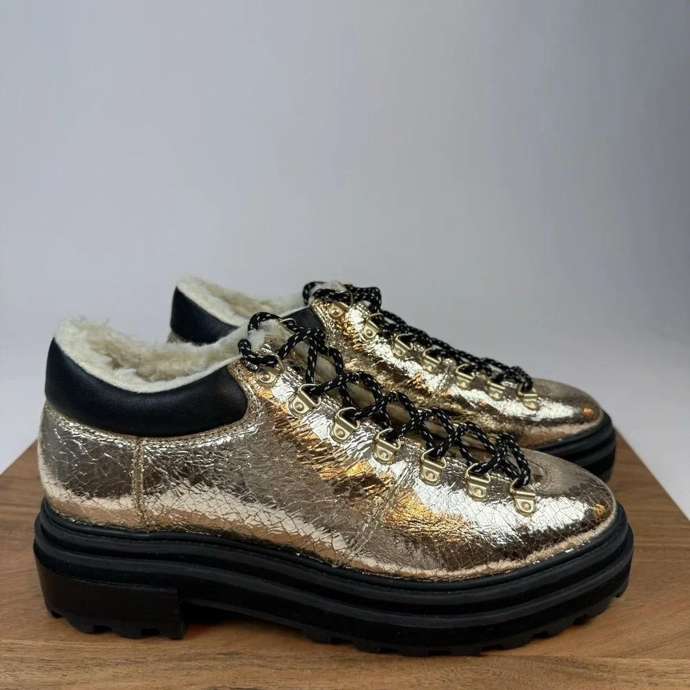 New Womens‎ Schutz Lucille Gold Metallic Leather Lace Up Platform Shoes Size 9.5